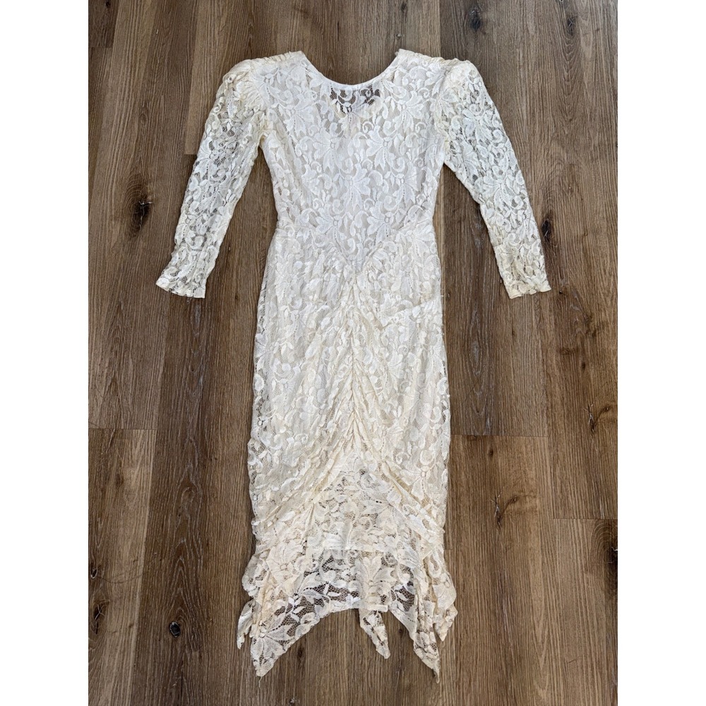 Whimsigoth Boho Floral Lace Handkerchief Hem Midi Dress Womens S Cream Vintage - Picture 2 of 9